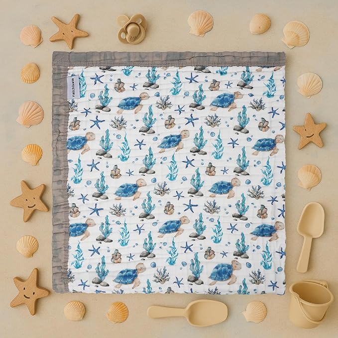 Organic Cotton Muslin Baby Blanket for Boys & Girls - Luxurious Soft Toddler Quilt for Swaddling - Gender Neutral Blankets - Great Sea Turtle