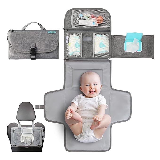 Kopi Baby Portable Diaper Changing Pad - Baby Diaper Changer Travel Bag with Wipes Pocket, Smart Design Portable Changing Mat, Infant Travel Station Kit, Gift for Newborn Girl & Boy - Grey, Premium