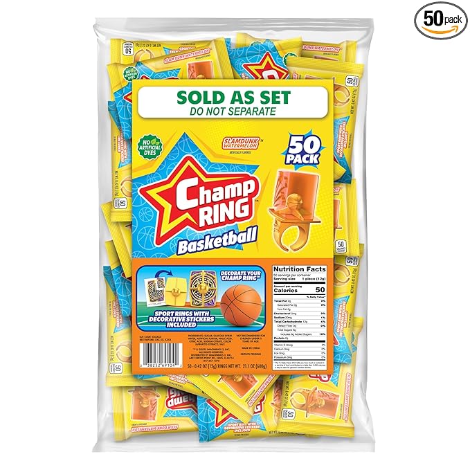 Champ Ring Basketball, Slam Dunk Watermelon - Sweet Watermelon Flavored Candy Rings - Individually Wrapped - No Artificial Colors or Dyes - Perfect for Parties, Events & Snacks - Bulk Pack of 50