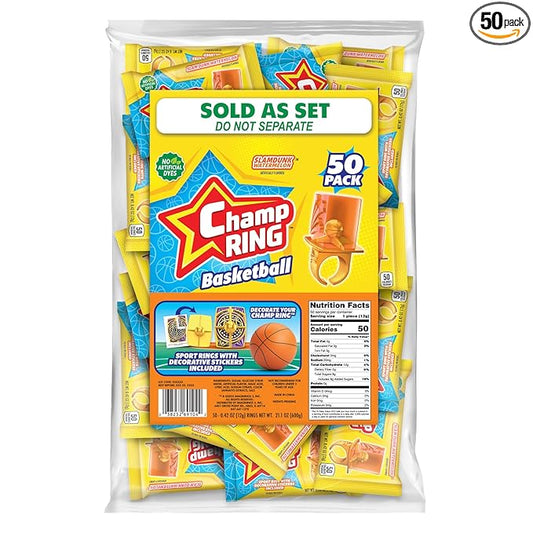Champ Ring Basketball, Slam Dunk Watermelon - Sweet Watermelon Flavored Candy Rings - Individually Wrapped - No Artificial Colors or Dyes - Perfect for Parties, Events & Snacks - Bulk Pack of 50