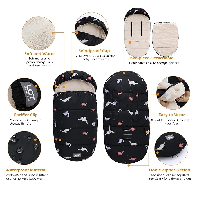 LAT Baby Warm Bunting Bag Universal,Stroller Sleeping Bag Cold Weather,Waterproof Toddler Footmuff(Detachable,Black Dinosaur)