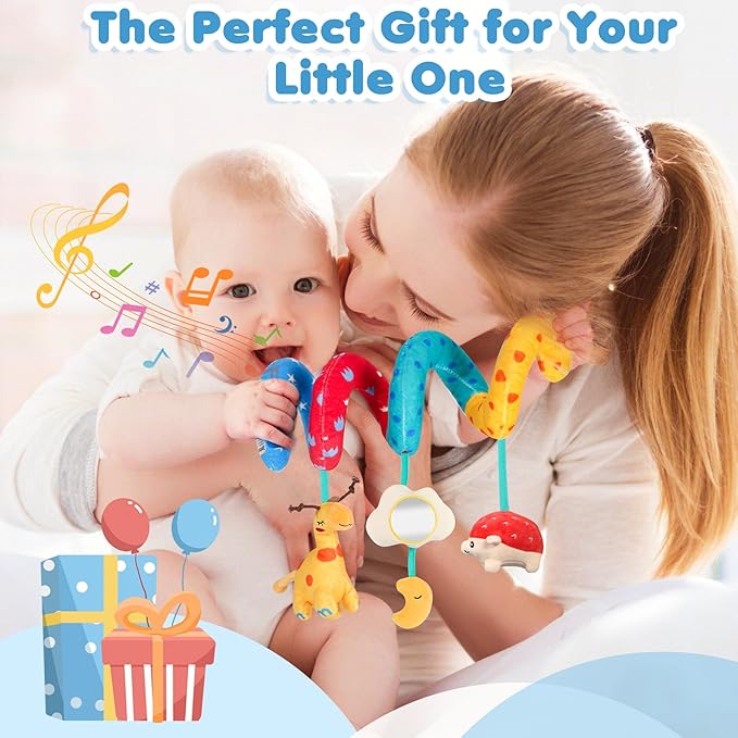 URMYWO Spiral Car Seat Toys for Babies 0-6 Months, Hanging Toy Fits Stroller, Developmental Sensory Baby Toy with Teether Crinkle Mirror, Baby Travel Gear Shower Gift for Boys Girls