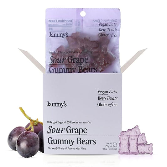 Jammy's™ - Sour Grape Gummy Bears | Sugar-Free & Vegan-Friendly | Keto-Friendly, Gluten-Free, Low Carb, High Fibre & Naturally Fruity | Delicious, Soft & Chewy | Box of 6 x 50g Bags