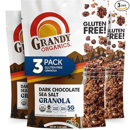 Grandy Organics Dark Chocolate Sea Salt Granola, Certified Organic Granola, Gluten Free, Non-GMO, Certified Kosher, Plant Based Protein, 12oz Each, Pack of 3