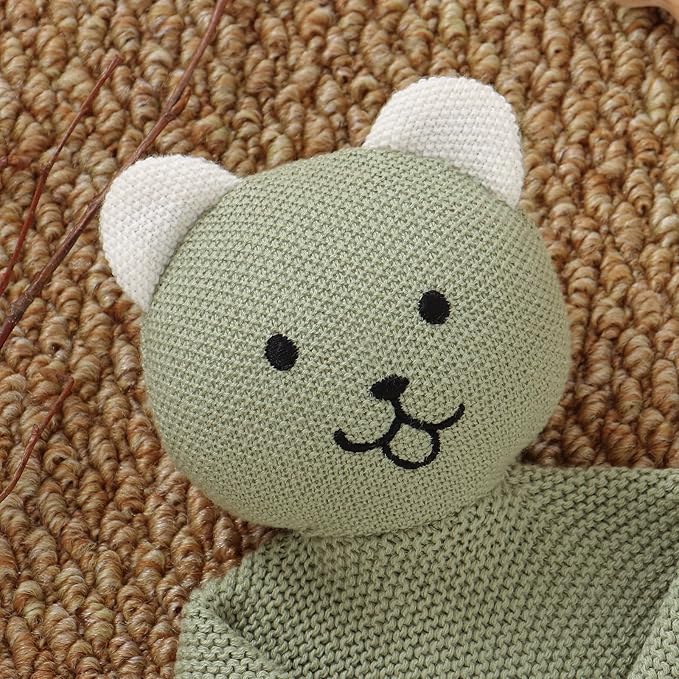 LAWKUL Baby Blanket Bear Lovey Soft Cuddly Security Blanket for Newborns Infants Boy Girl Knit Snuggle Comfort Green 16x16in