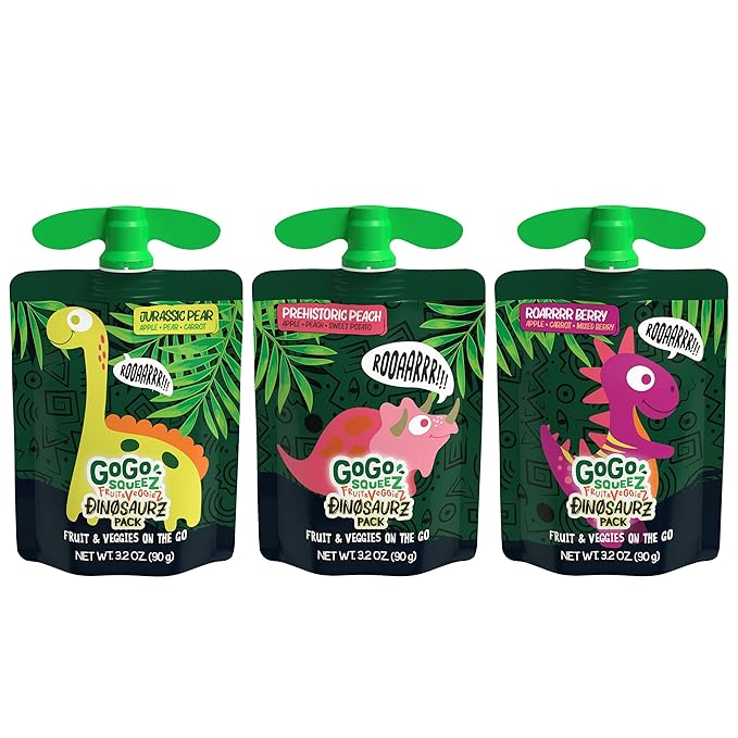 GoGo squeeZ Fruit & veggieZ Applesauce and Puree Variety Pack, Jurassic Pear, Roarrrr Berry & Prehistoric Peach, 3.2 oz (Pack of 20), Unsweetened Snacks for Kids, BPA Free Pouches
