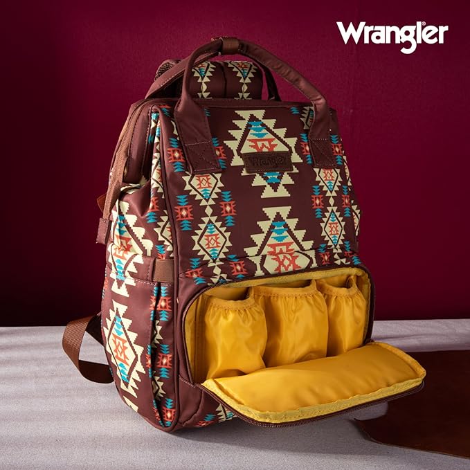 Wrangler Diaper Bag Backpack Aztec Travel Backpack Purses Western Multi-Function Baby Bags for Mom with Waterproof Insulated Pockets