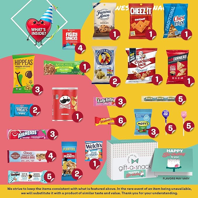 Gift A Snack - Happy Birthday Snack Box Variety Pack Care Package + Greeting Card (60 Count) Bday Sweet Treats Gift Basket, Candies Chips Crackers Bars - Cravy Food Assortments & Variety Gifts