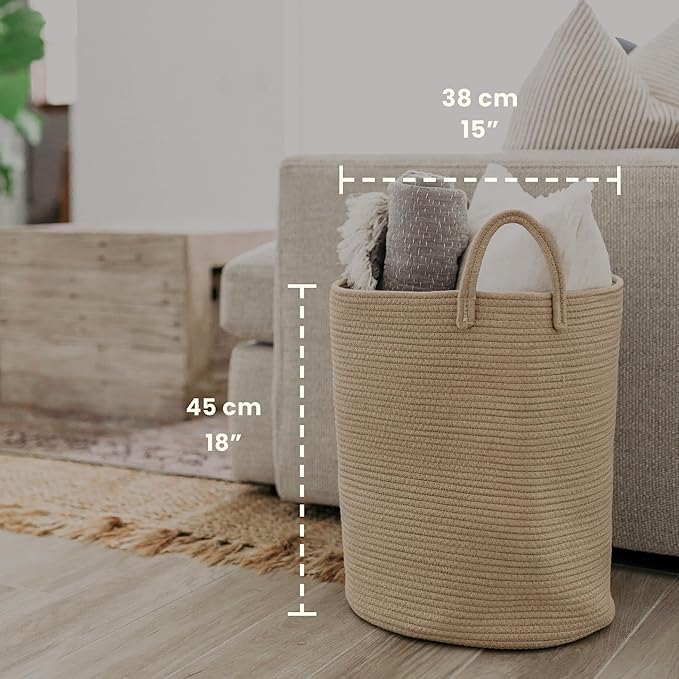 OrganiHaus Large Woven Baskets for Storage 15x18, Cotton Rope Baskets for Storage, Tall Blanket Basket for Living Room, Nursery Laundry Basket, Big Basket for Toys, Basket For Blankets, Honey
