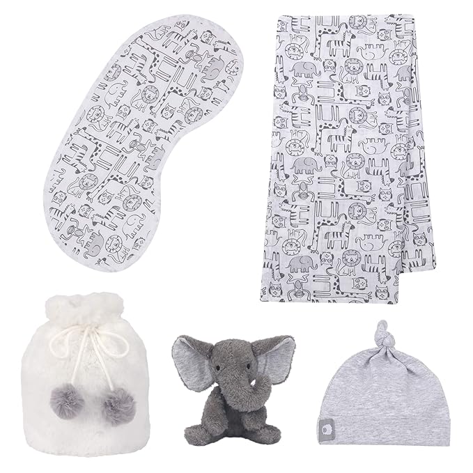 Lambs & Ivy 5 Piece Gray/White Plush Infant/Newborn Baby Gift Bag w/Swaddle