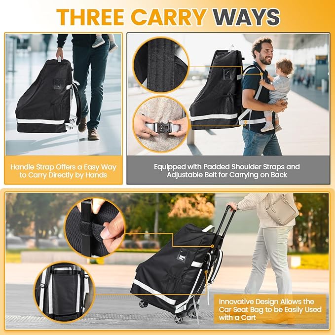 Orzbow Padded Car Seat Travel Bag for Airplane, Carseat Backpack Bags with Reflective Stripes, Infant Seat Travel Bag with Shoulder & Waist Strap, Car Seats Carrier for Airport Gate Check, Black