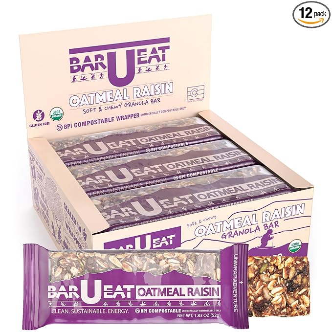 BAR-U-EAT Gluten-Free, Organic, Soft & Chewy Energy Bar. Whole Food Ingredients | Compostable Packaging | No Artificial Sugar | Healthy Snacks (Oatmeal Raisin 12 Pack)