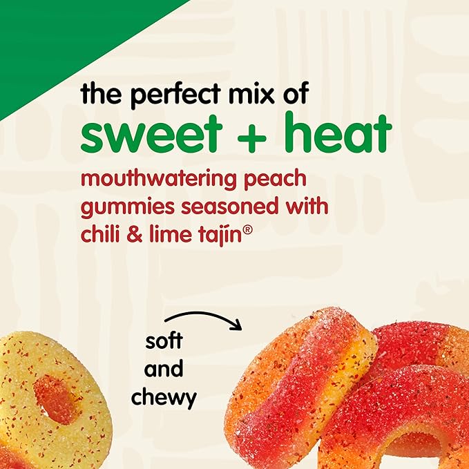 Snak Club Tajin Peach Rings Gummy Candy, Fruit Candy Gummies with Chili and Lime Seasoning, Mild, Gluten-Free and Vegan Snacks, 24 oz Resealable Bag