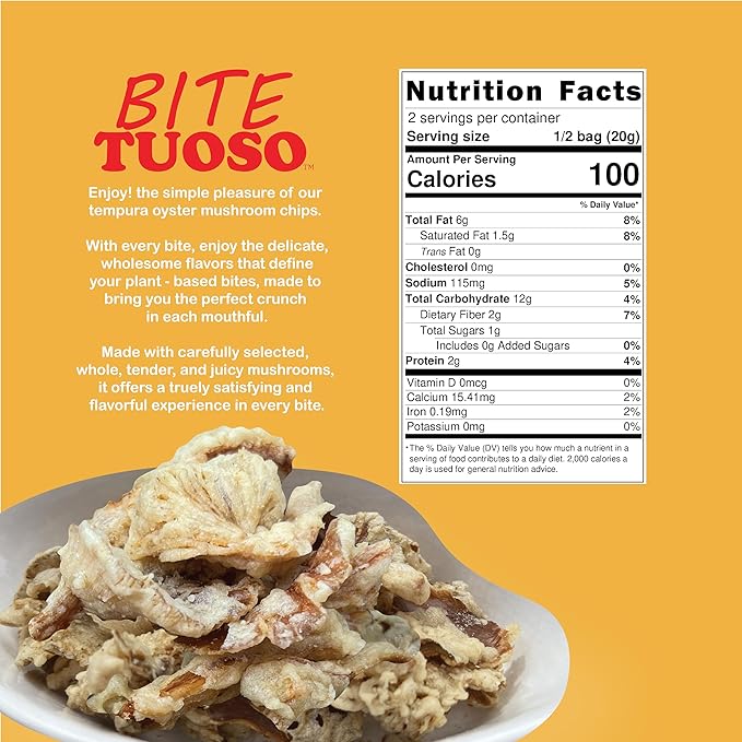 BITETUOSO Crunchy Oyster Mushroom Chips, On the Go, Savory Plant Based Snack, Original Flavor, 1.41 oz (Pack of 6), Dairy Free, Vegan, Crispy Gourmet Snack.