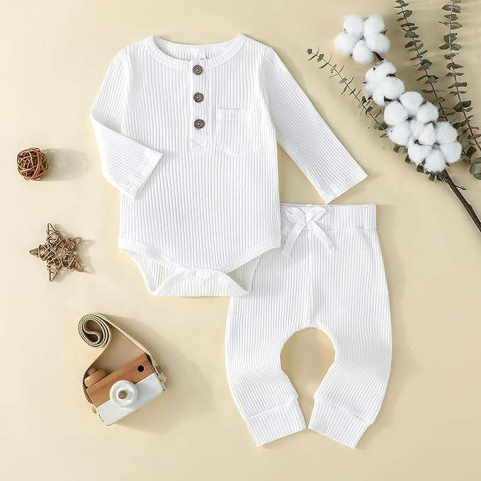 Newborn Baby Boy Girl Clothes Ribbed Knit Cotton Long Sleeve Romper Long Pant Preemie Solid Color Unisex Outfits