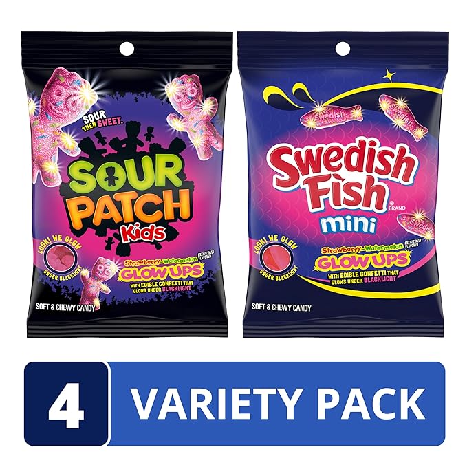 SOUR PATCH KIDS and SWEDISH FISH Mini Glow Ups Strawberry-Watermelon Soft & Chewy Candy Variety Pack, Bulk Candy, 4-6.7 oz Bags