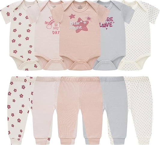 Baby Newborn Layette 10-Piece Sets Cotton Bodysuits Pants Sets for Baby Boys Girls Toddler Unisex Baby Gift Set