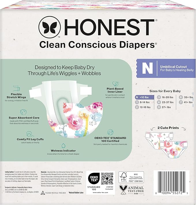 The Honest Company Clean Conscious Diapers for Delicate Skin | Up to 100% Leakproof | Hypoallergenic, Fragrance Free | Girl Prints | Club Box, Size Newborn, 72 Count (Prints May Vary)