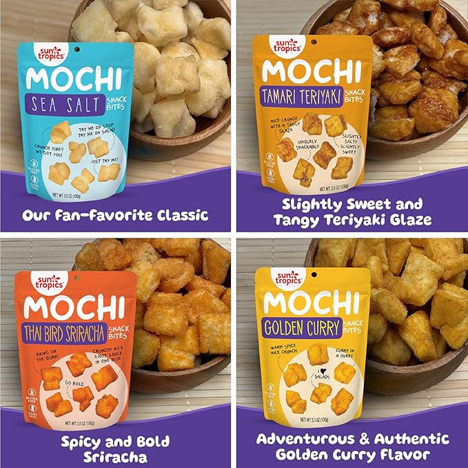 Sun Tropics Mochi Snack Bites, Variety Pack- 3.5 oz (6 Pack) - Crunchy Mochi Snacks - Gluten Free & Dairy Free, No MSG - Asian Rice Snacks