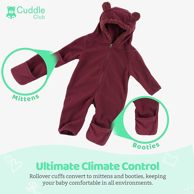 Cuddle Club Fleece Baby Bunting Bodysuit with Hood, Convertible Mittens & Booties, Car Seat Friendly, Soft & Warm, Easy Zip