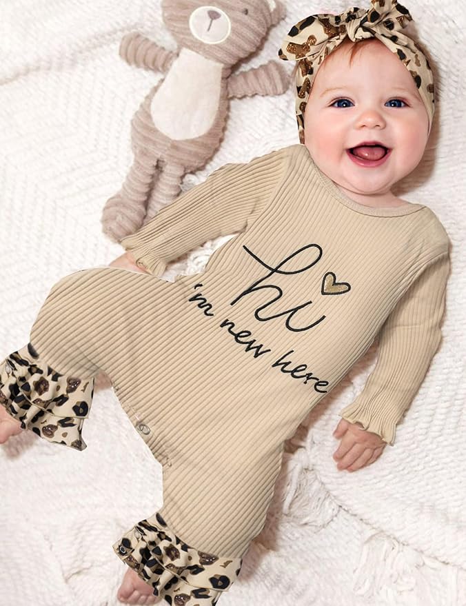 AGAPENG Newborn Girl Clothes Ruffle Letter Print Romper Infant Bell Bottom Jumpsuit Boho Baby Girl Clothes with Headband Hat