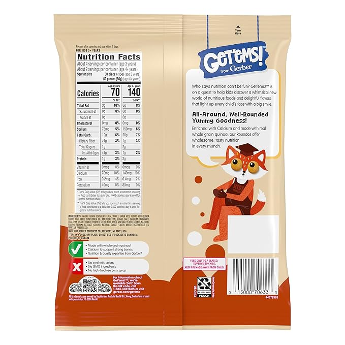 Get'ems! from Gerber, Snacks for Kids, BBQ Roundos, Made with Whole Grain Quinoa, Calcium to Support Strong Bones - 5 pack