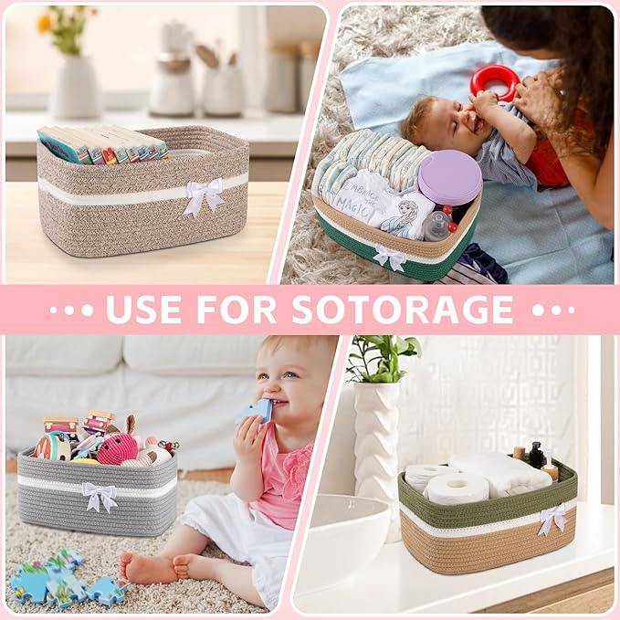 OIAHOMY Large Woven Storage Basket with Handles for Nursery Living Room Shelves, Bow Basket for Gifts Empty with Gift Bags and Ribbons for Baby Showers Pet Toy Bin - Brown & White