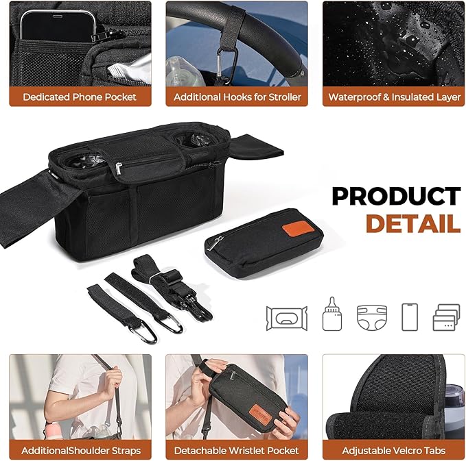 Universal Stroller Organizer with Insulated Cup Holder & Detachable Wristlet Large Capacity Baby Stroller Bag Organizer for Mom, Baby Jogger, Uppababy, Britax, BOB, Umbrella & Pet Strollers(Black)