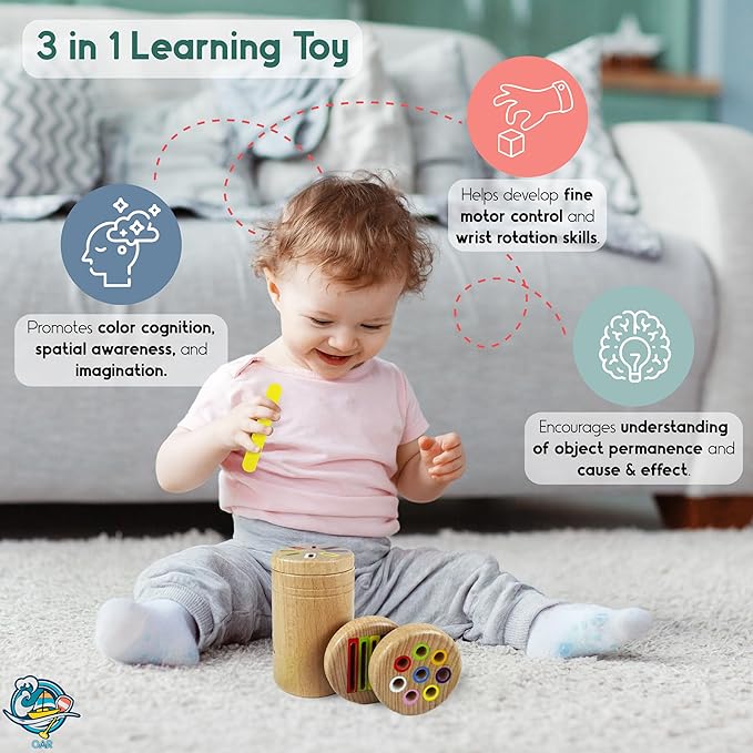 OAR Montessori Toys for Toddlers 1-3 – 3 in 1 Wooden Fine Motor Skills Toy Set | Color Sorting, Coin Drop, Sensory Learning | Educational Beech Wood Toys for Boys and Girls
