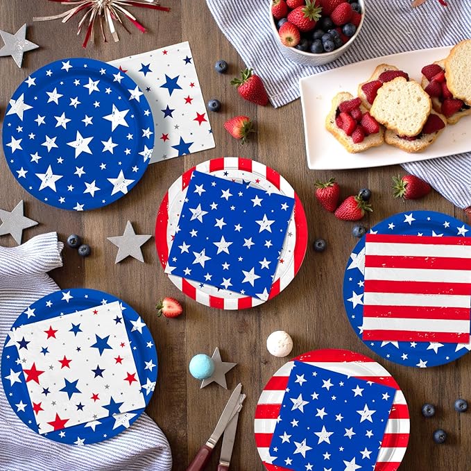 4th of July Party Supplies Set, Patriotic Theme Kit for Independence & Election Day Decorations, Includes Plates, Napkins, Cups, Banner, Tablecloth -Patriotic & 4th of July Party Decorations-24 Guests