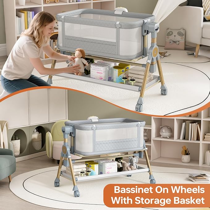 3 in 1 Baby Bassinet Bedside Sleeper, Rocking Bassinet for Baby with Wheels, Music Night Light, Storage Basket, Mattress, Adjustable Height, Portable Rocking Bedside Sleeper for Newborn Infant