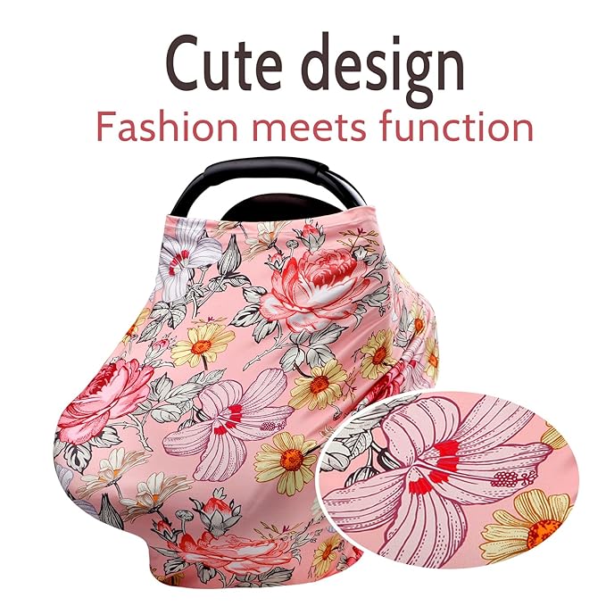 Pink Baby Car Seat Cover Girls, Infant Carseat Canopy, Stretchy Multi- use Nursing Cover for Stroller/High Chair/Shopping Cart/Car Seat Canopies (Floral)