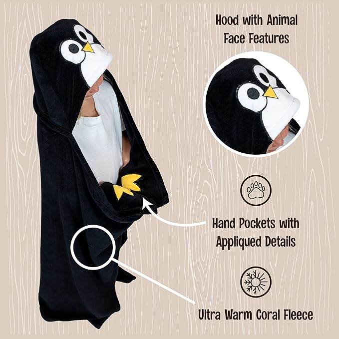 Lazy One Wearable Hooded Blanket for Kids, Animal Hooded Blanket (Penguin)