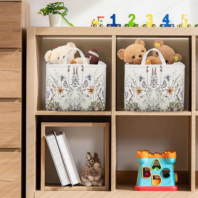 Wild Flowers Shelf Basket Floral Baby Shower Basket for Kids Girls Room Rectangle Clothes Toys Cube Storage Basket (Flowers)