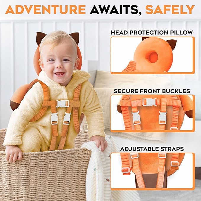 Little Family Baby Head Protector Backpack, Non-Toxic Hypoallergenic Toddler Head Protection Pillow for Falling, Secure, Durable, Fox (Orange)