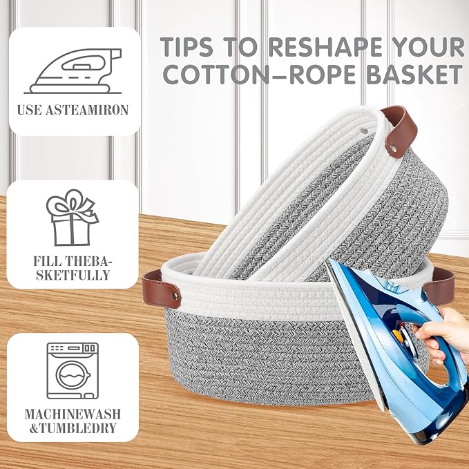 3 Pack Small Woven Basket for Gifts with Handles Clear Bags and Ribbons Empty Storage Basket Decorative Chest Box for Birthday Present Baby Shower Wedding(White and Grey,12"x 8"x 5")