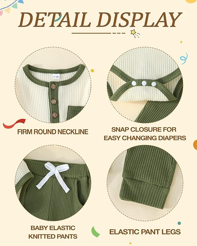 Newborn Baby Boy Girl Clothes Ribbed Knit Cotton Long Sleeve Romper Long Pant Preemie Solid Color Unisex Outfits