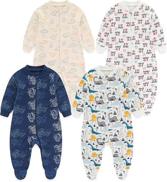 Baby Boys Girls Footies One-Piece Romper Long-Sleeve Jumsuit Cotton Newborn Clothes Set 4-Pack, Baby Pajamas