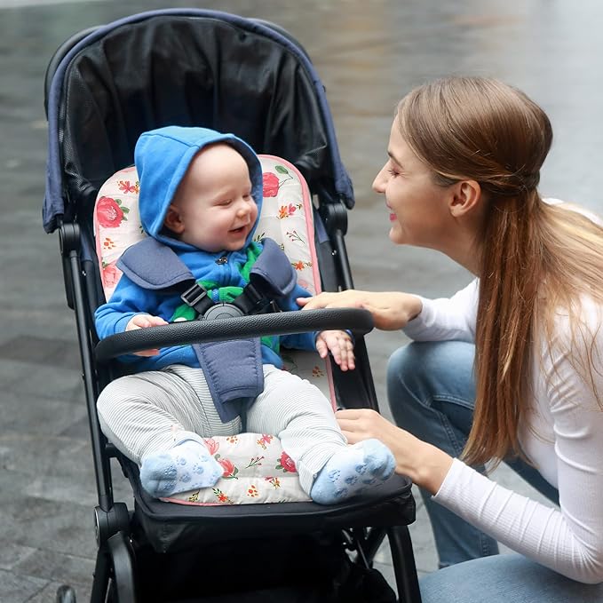 Baby Carriage Cushion, Universal Breathable Stroller Mat, Stroller Cushion for Strollers 100% Cotton, 34x78cm 1 Pack（Flowers+Pink））