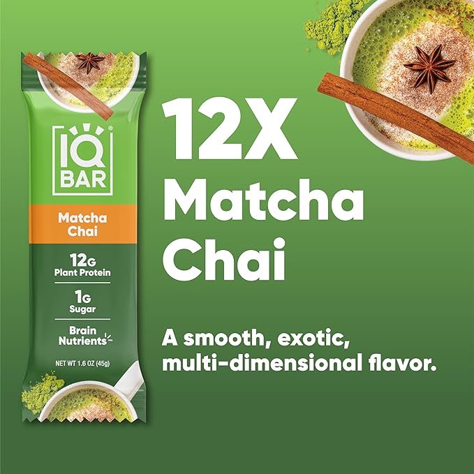 IQBAR Brain and Body Plant Protein Bars - Matcha Chai - 12-Count Low Carb - Gluten Free, High Fiber, Vegan Snacks - Low Sugar Meal Replacement