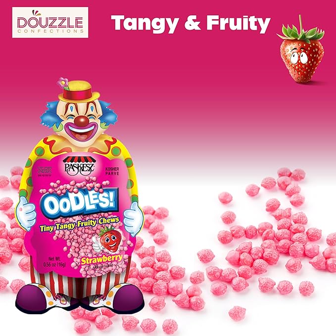 DOUzzle Back To School Oodles Clown Shaped, Strawberry Tiny Tangy Chews (12 Count, 1 Pack) Individually Wrapped, Party Favor, Goodie Bag & Pinata Filler - Kosher Parve
