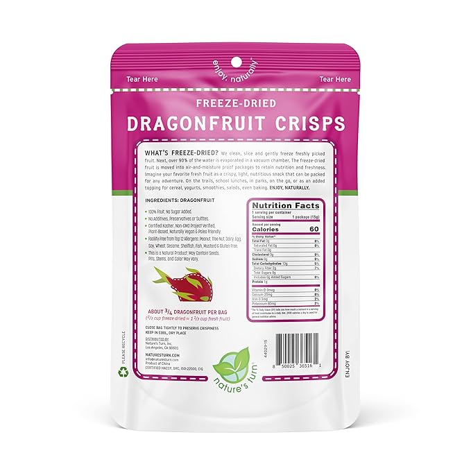 Nature’s Turn Freeze-Dried Dragon Fruit Crisps – Healthy, Gluten-Free, Crispy & Delicious, Plant-Based Snack, Ideal for Cereal, Smoothies, School Lunches, & On-the-Go, Pack of 6 (0.53 oz Each)