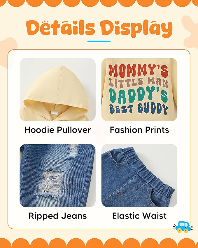 NZRVAWS Baby Boy Clothes Toddler Boy Outfit 2 3 4T 6 12 18 24 Month Fall Winter Hoodie Ripped Jeans Clothing