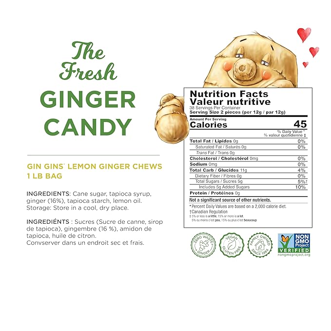 GIN GINS Lemon Ginger Chews – Natural Fresh Ginger Candy by The Ginger People – Individually Wrapped Healthy Candy – Lemon Flavor – Large 1 lb Bag (16oz) – Pack of 1