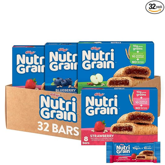 Nutri-Grain Soft Baked Breakfast Bars, Kids Snacks, Whole Grain, Variety Pack (4 Boxes, 32 Count)