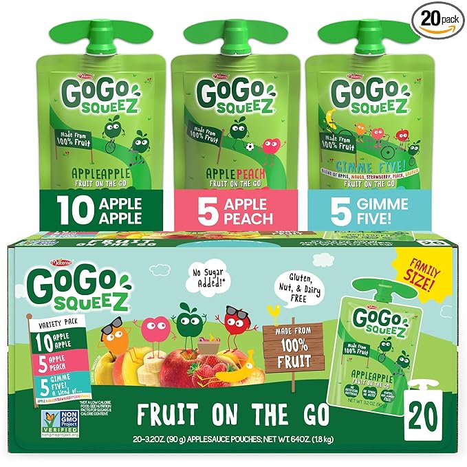 GoGo squeeZ Applesauce and Fruit Puree Variety Pack, Apple, Peach & Gimme Five!, 3.2 oz (Pack of 20), Unsweetened Fruit Snacks for Kids, Gluten Free, Nut Free and Dairy Free, BPA Free Pouches