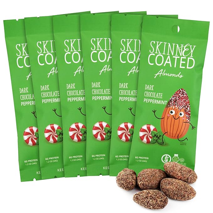 Skinny Coated Almonds Dark Chocolate Peppermint Flavored Healthy Chocolate Snacks Bulk - Skinny Almonds, Kosher, Gluten Free Snacks for Adults, 1.2Oz Bag, 6 Pack