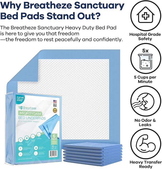 Breatheze Incontinence Bed Pads – Extra Large Disposable Underpads for Adults, Elderly, Kids, and Pets – Heavy Duty Absorbent Padding, Waterproof Under Pee Protector Pad with 375 LB Capacity - 6 Pack