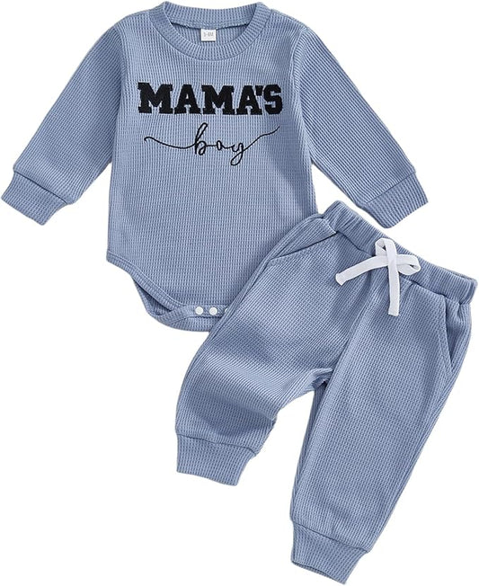 Kupretty Baby Boy Clothes 3 6 12 18 Months Fall Winter Outfit Mama's Boy Embroidery Waffle Long Sleeve Romper Pants Set