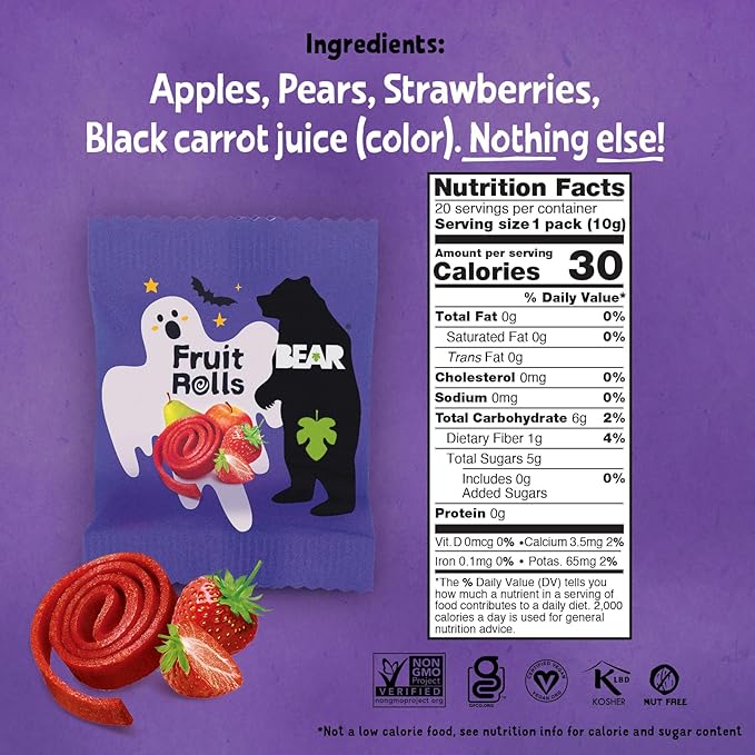 BEAR Real Fruit Snack Rolls - Gluten Free, Vegan, and Non-GMO - Strawberry – Halloween Pack - Healthy School And Lunch Snacks For Kids And Adults, 0.34 Ounce (Pack of 20)